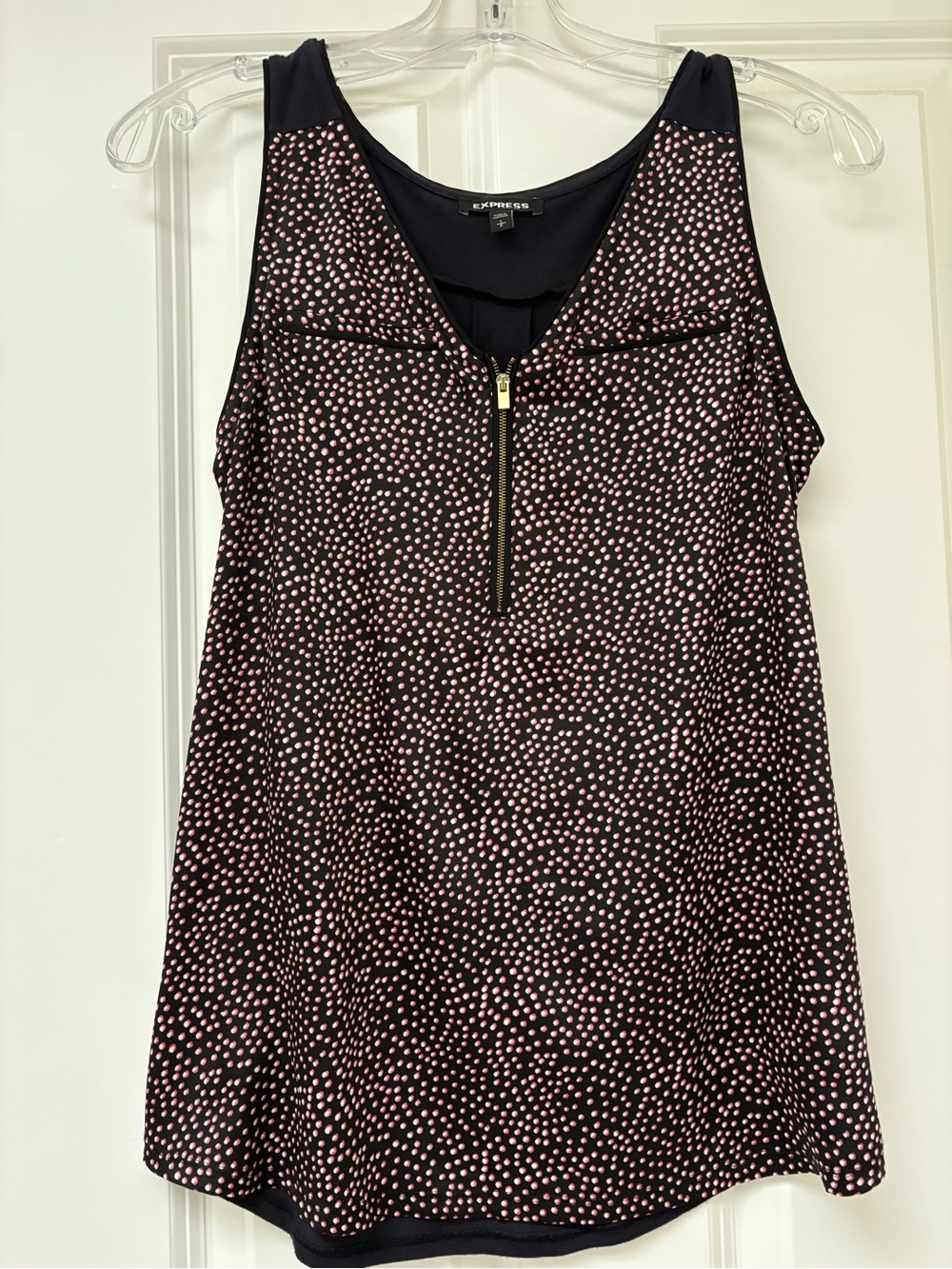 Express Black Tank Top with Pink Dot Print and Gold Zip